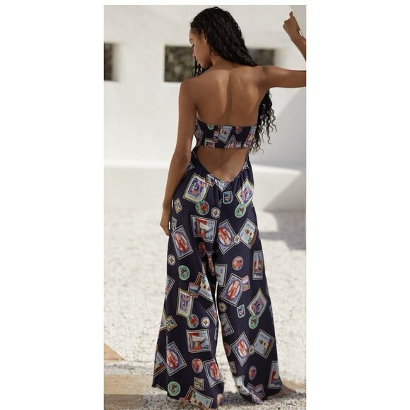 Anthropologie Celandine Linen Blend Strapless Jumpsuit Sz Lg Navy Blue - Picture 2 of 9